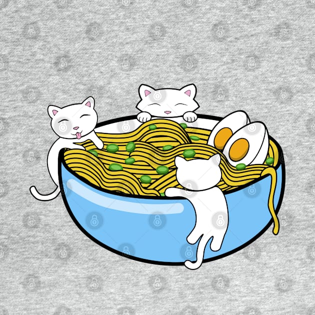 Happy little kittens climbing on a bowl of ramen noodles by Purrfect